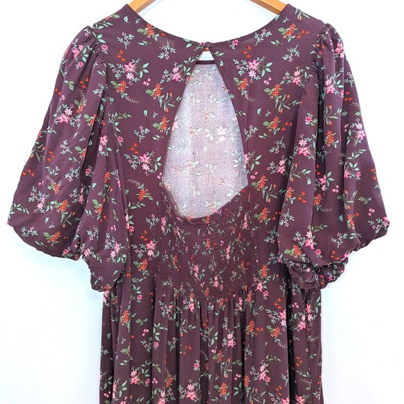 Old Navy | Short Puff Sleeve Plum Burgundy Floral Midi Dress  | Size 3X - Picture 12 of 16